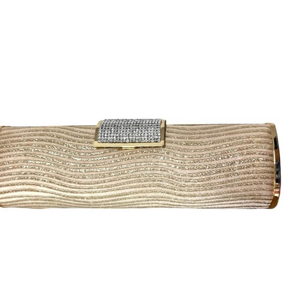 VTG 80s Long Gold Clutch Bag, Cylinder shape w/ glitter waves & rhinestone clasp
